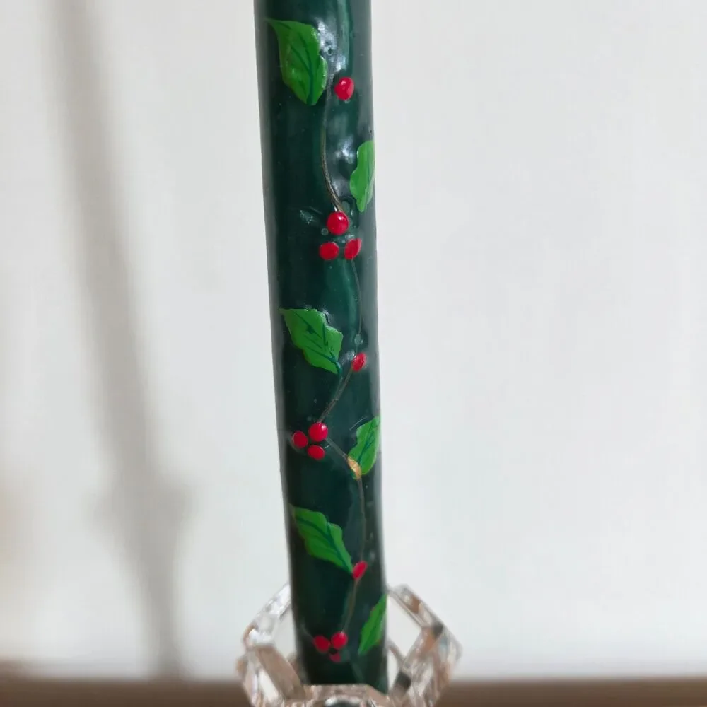 VTG Tag Hand Painted Christmas Holly Berry Green Taper Candles 12